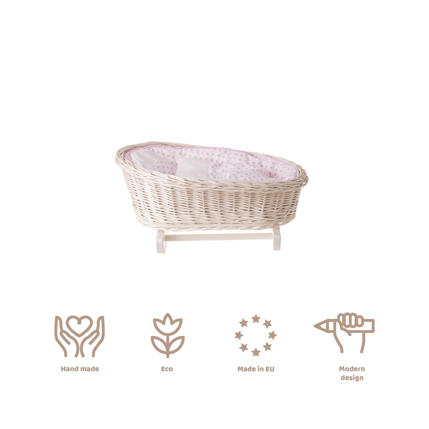 Mimi wiklinowa kołyska dla lalek z personalizacją, różowym obszyciem, poduszką i kołderką TheWickerStories