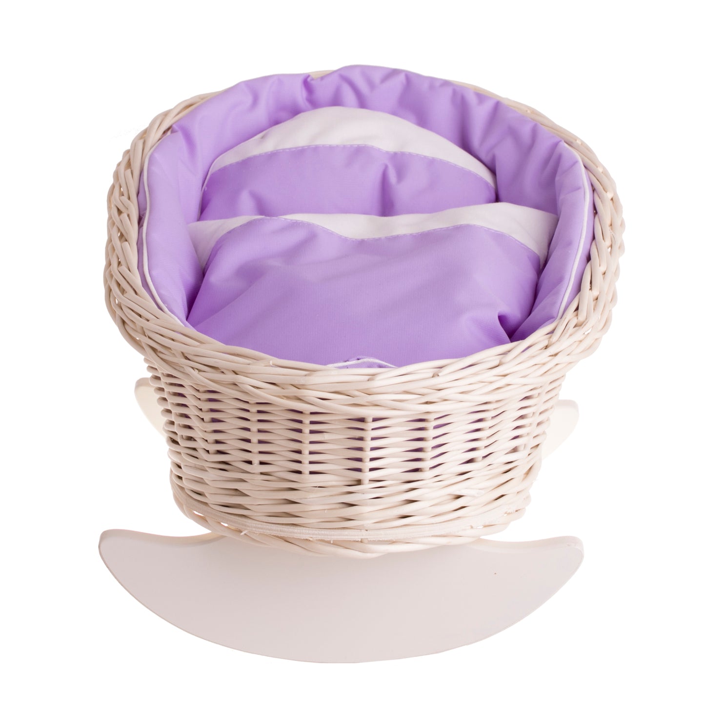 Mimi wiklinowa kołyska dla lalek z fioletowym obszyciem, poduszką i kołderką TheWickerStories