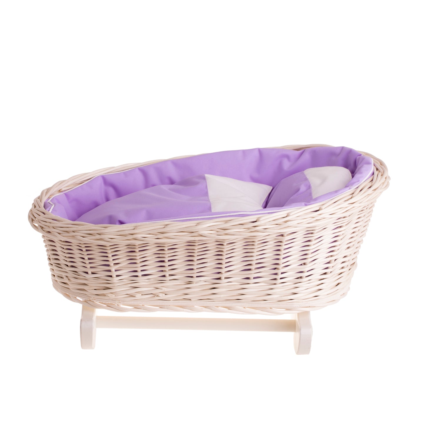 Mimi wiklinowa kołyska dla lalek z fioletowym obszyciem, poduszką i kołderką TheWickerStories