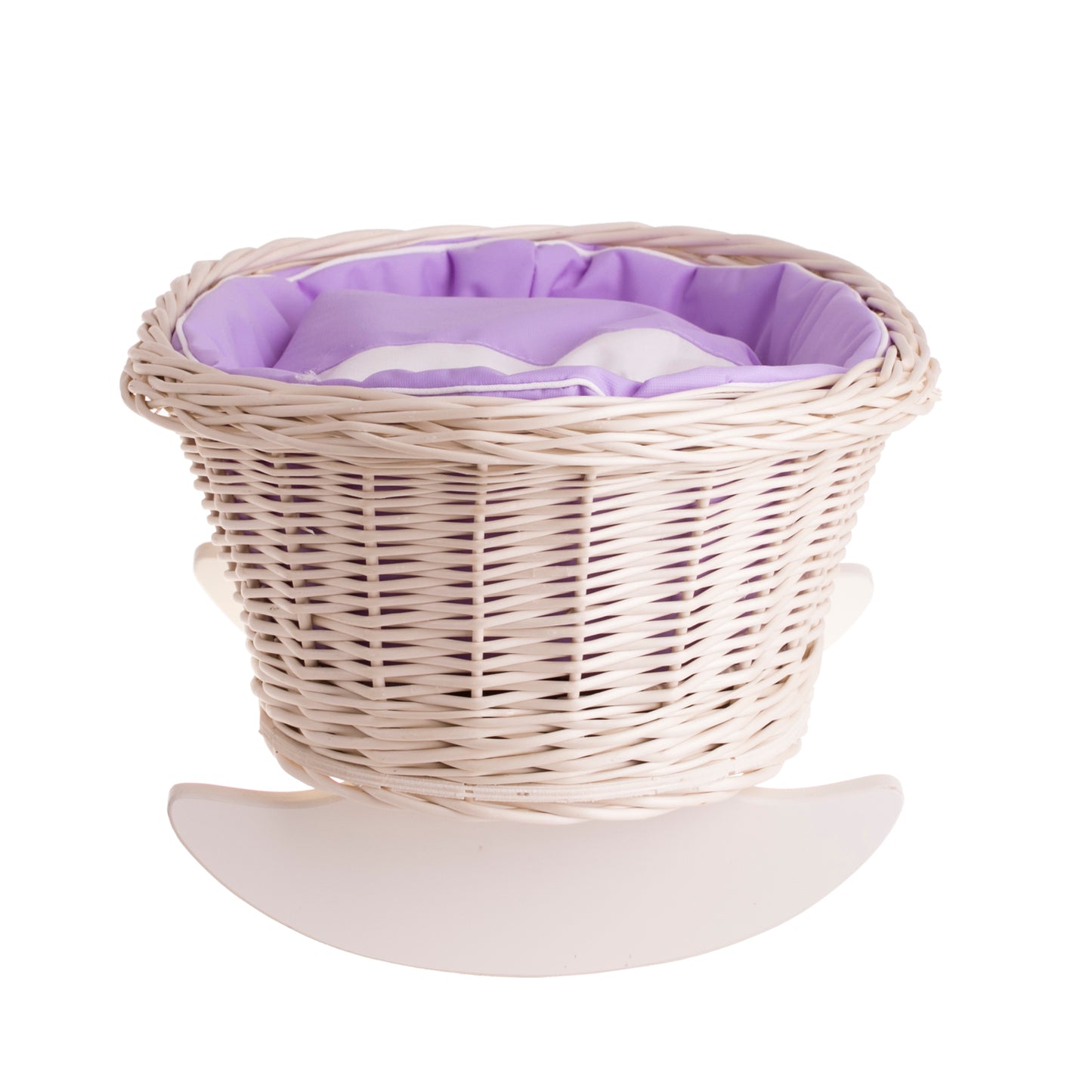 Mimi wiklinowa kołyska dla lalek z fioletowym obszyciem, poduszką i kołderką TheWickerStories