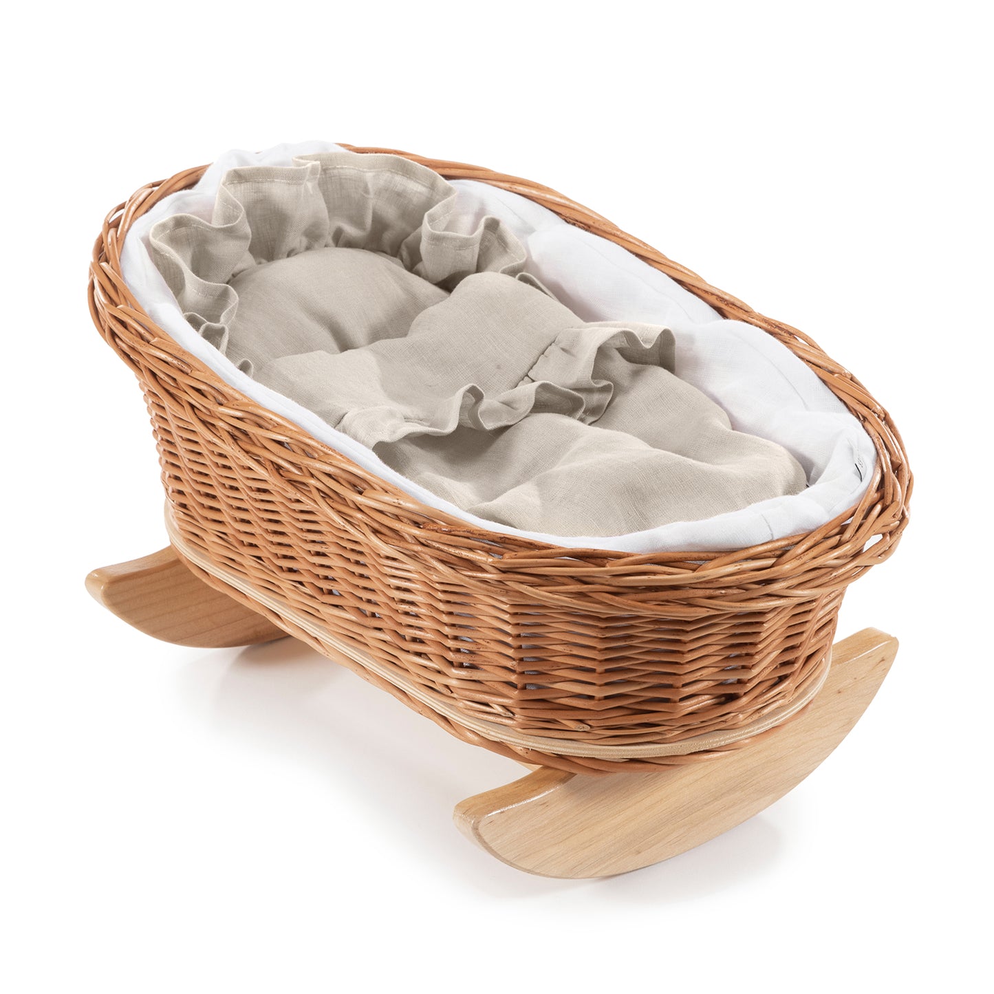 Mimi wiklinowa kołyska dla lalek z białym obszyciem, poduszką i kołderką, na bukowych płozach TheWickerStories