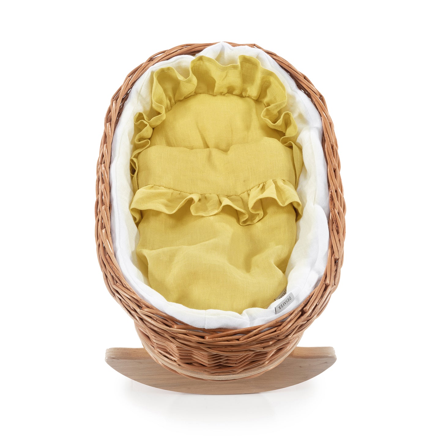 Mimi wiklinowa kołyska dla lalek z żółtym obszyciem, z poduszką i kołderką TheWickerStories