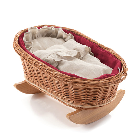 Mimi wiklinowy kołyska dla lalek z czerwonym obszyciem, z poduszką i kołderką TheWickerStories