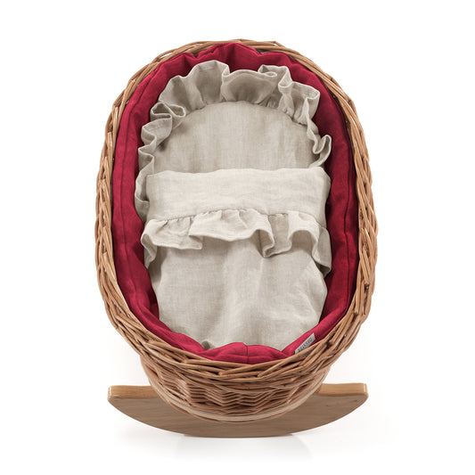 Mimi wiklinowy kołyska dla lalek z czerwonym obszyciem, z poduszką i kołderką TheWickerStories