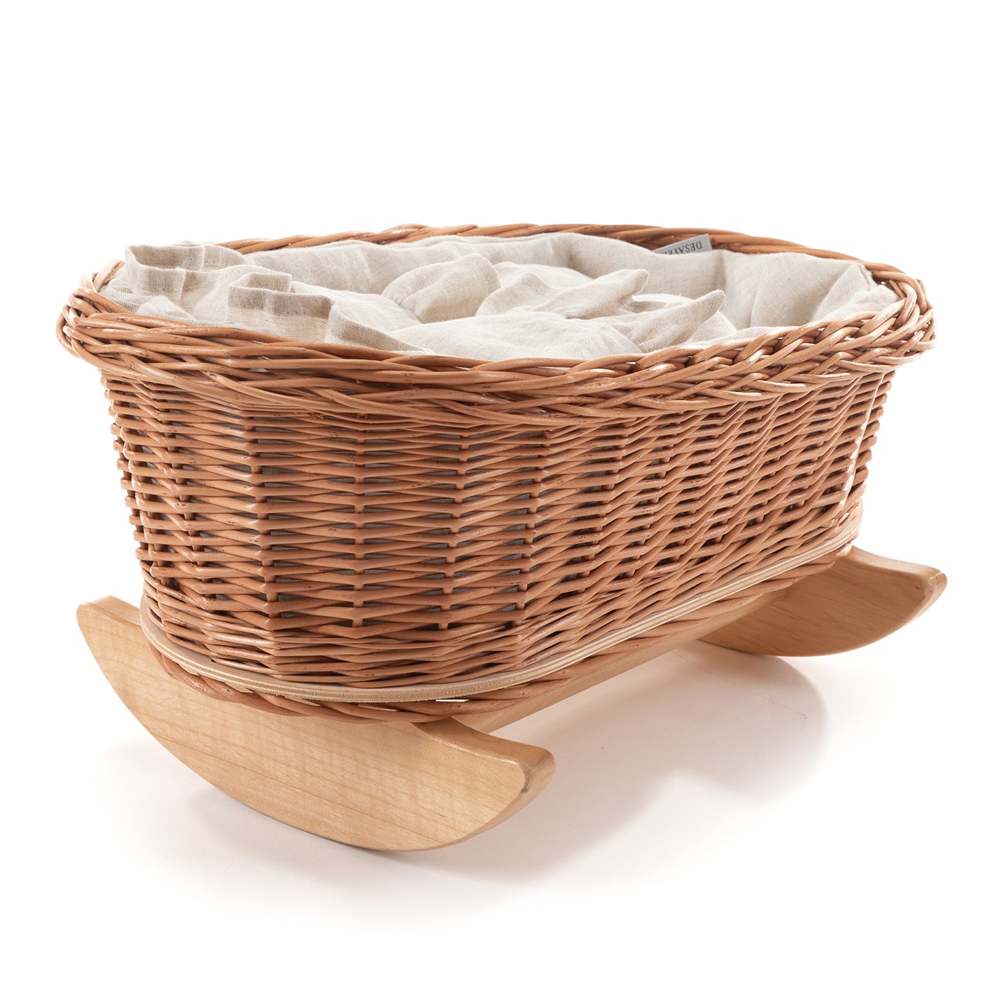 Mimi wiklinowa kołyska dla lalek z białym obszyciem, poduszką i kołderką, na bukowych płozach TheWickerStories