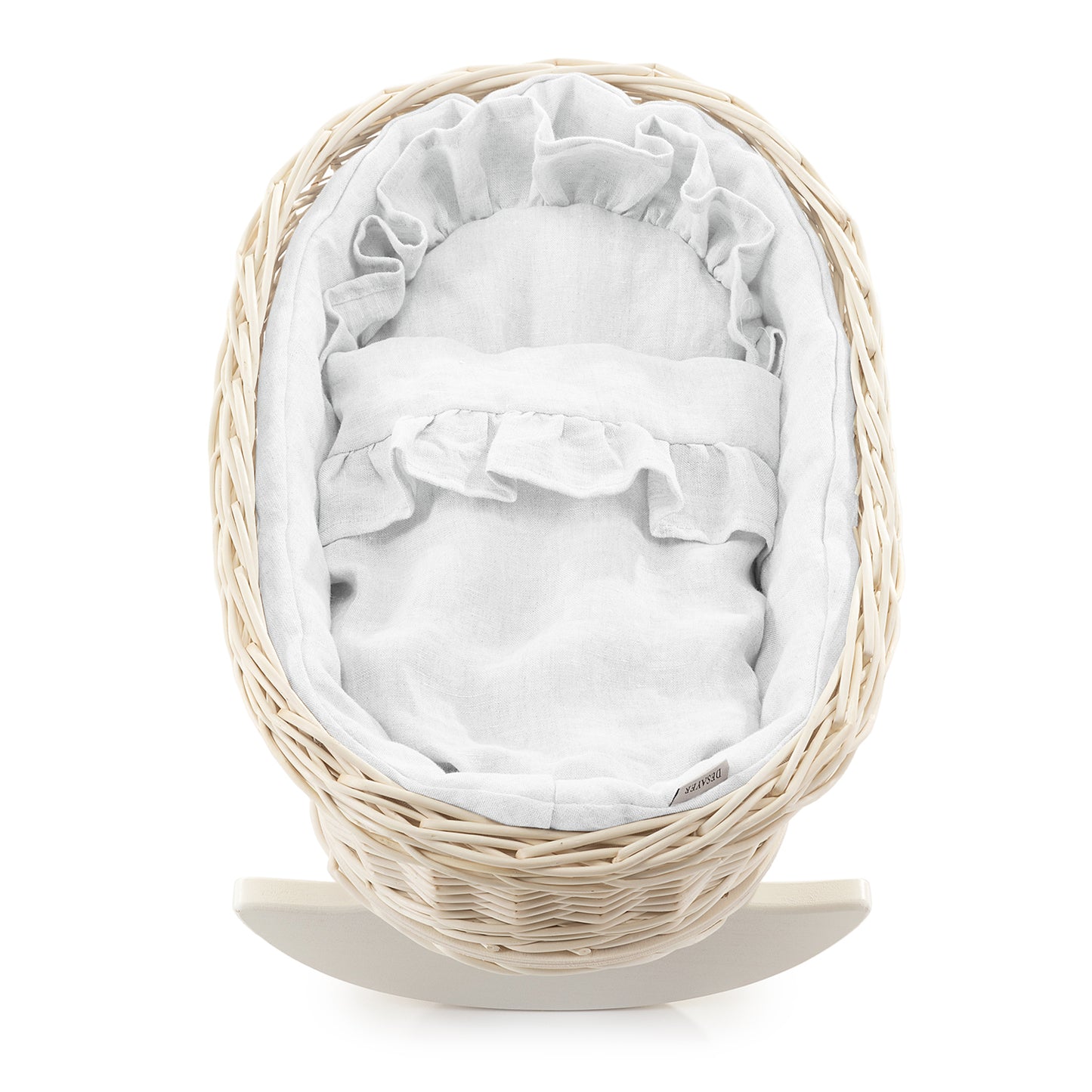 Mimi wiklinowa kołyska dla lalek z białym obszyciem, z poduszką i kołderką TheWickerStories