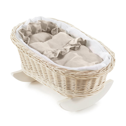 Mimi wiklinowa kołyska dla lalek z białym obszyciem, z poduszką i kołderką, na płozach TheWickerStories