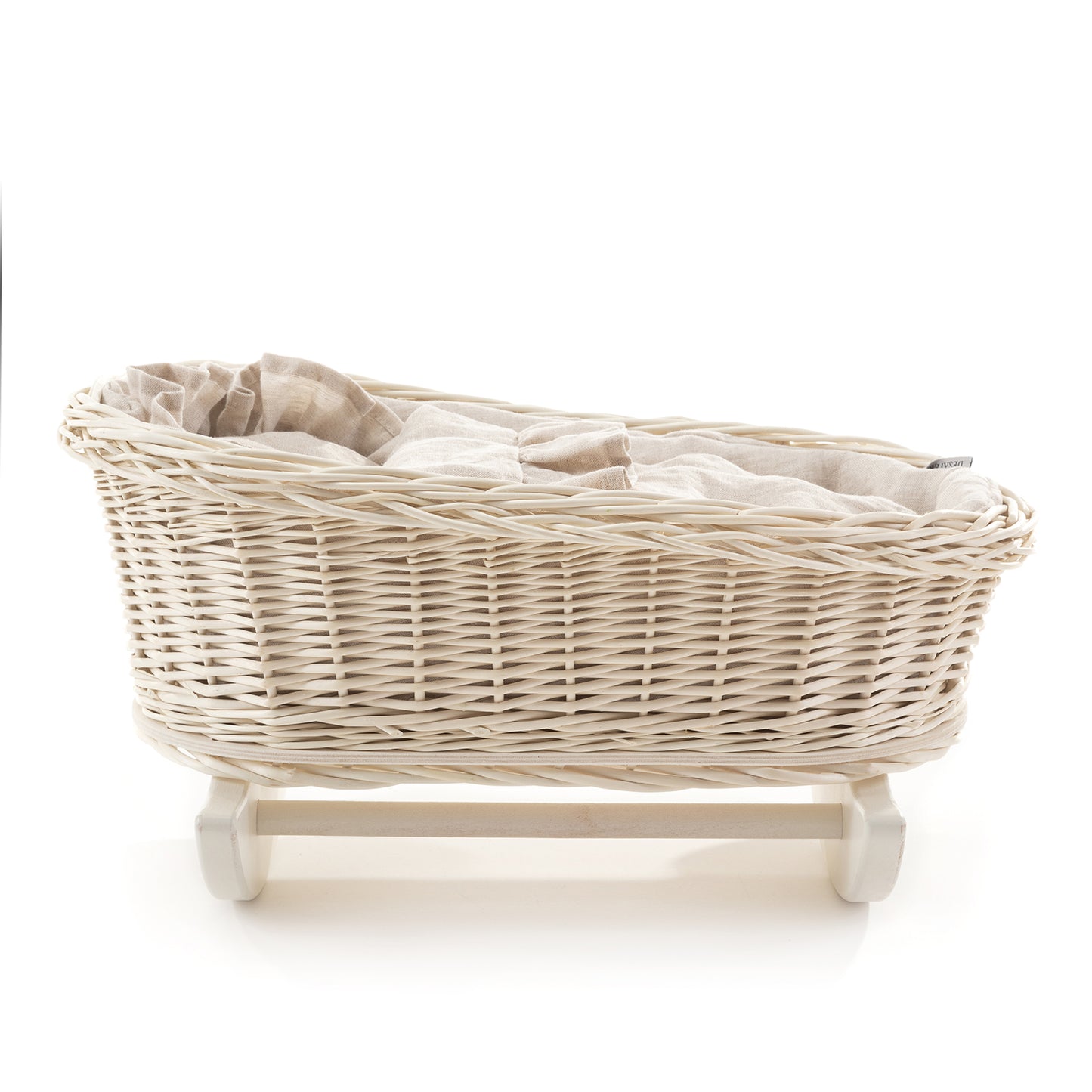 Mimi wiklinowa kołyska dla lalek z białym obszyciem, z poduszką i kołderką, na płozach TheWickerStories
