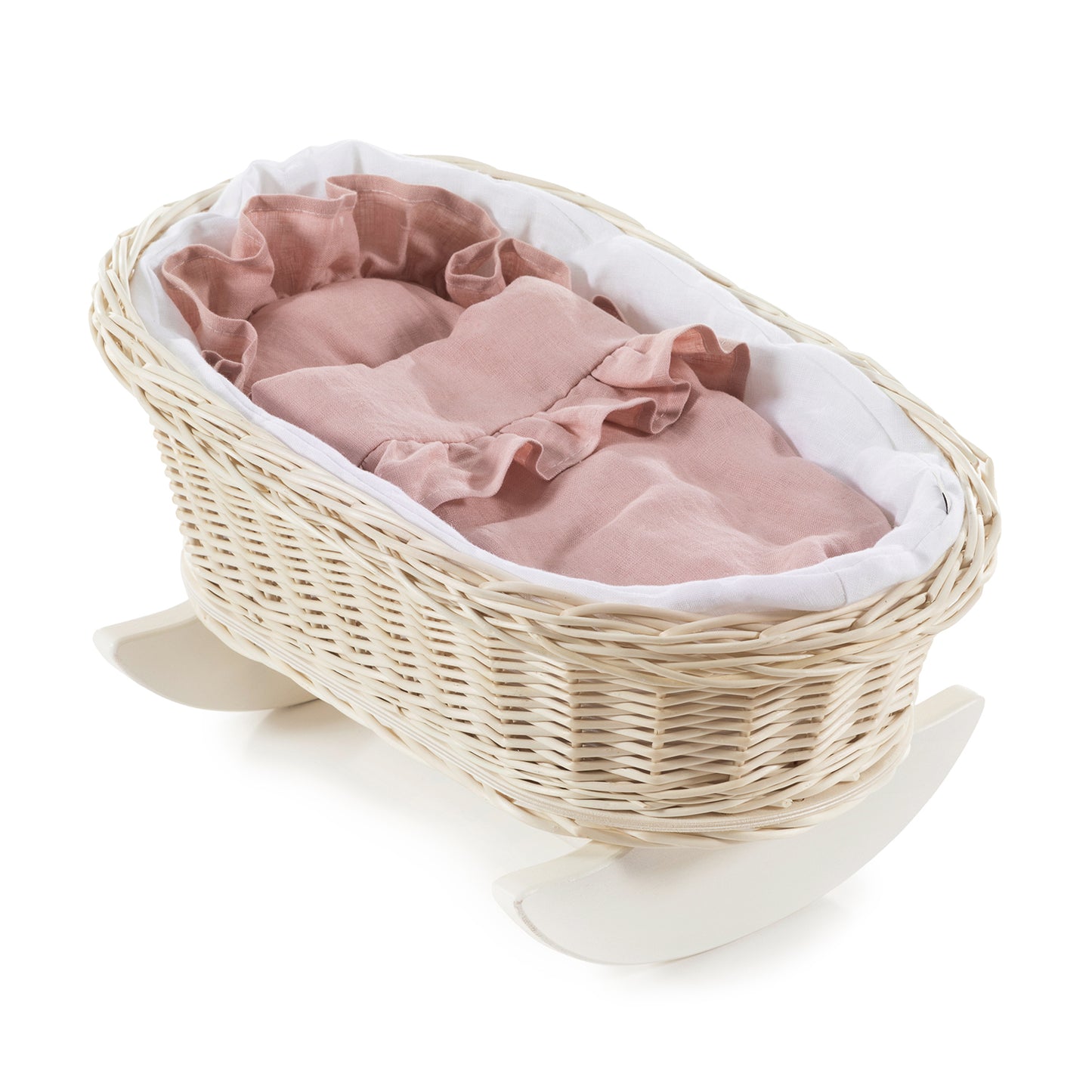 Mimi wiklinowa kołyska dla lalek z różowym obszyciem, z poduszką i kołderką TheWickerStories