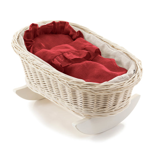 Mimi wiklinowa kołyska dla lalek z czerwonym obszyciem, z poduszką i kołderką TheWickerStories