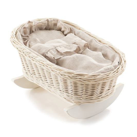 Mimi wiklinowy kosz-kołyska dla lalek z lnianym obszyciem, poduszką i kołderką, na bukowych płozach TheWickerStories