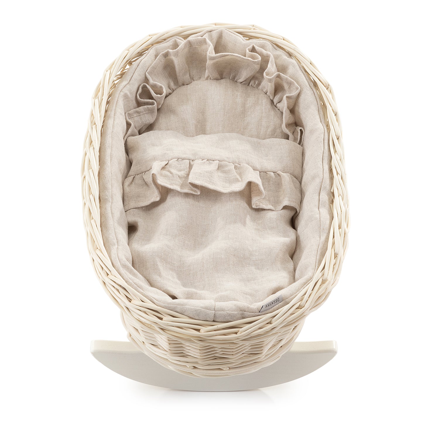 Mimi wiklinowy kosz-kołyska dla lalek z lnianym obszyciem, poduszką i kołderką, na bukowych płozach TheWickerStories