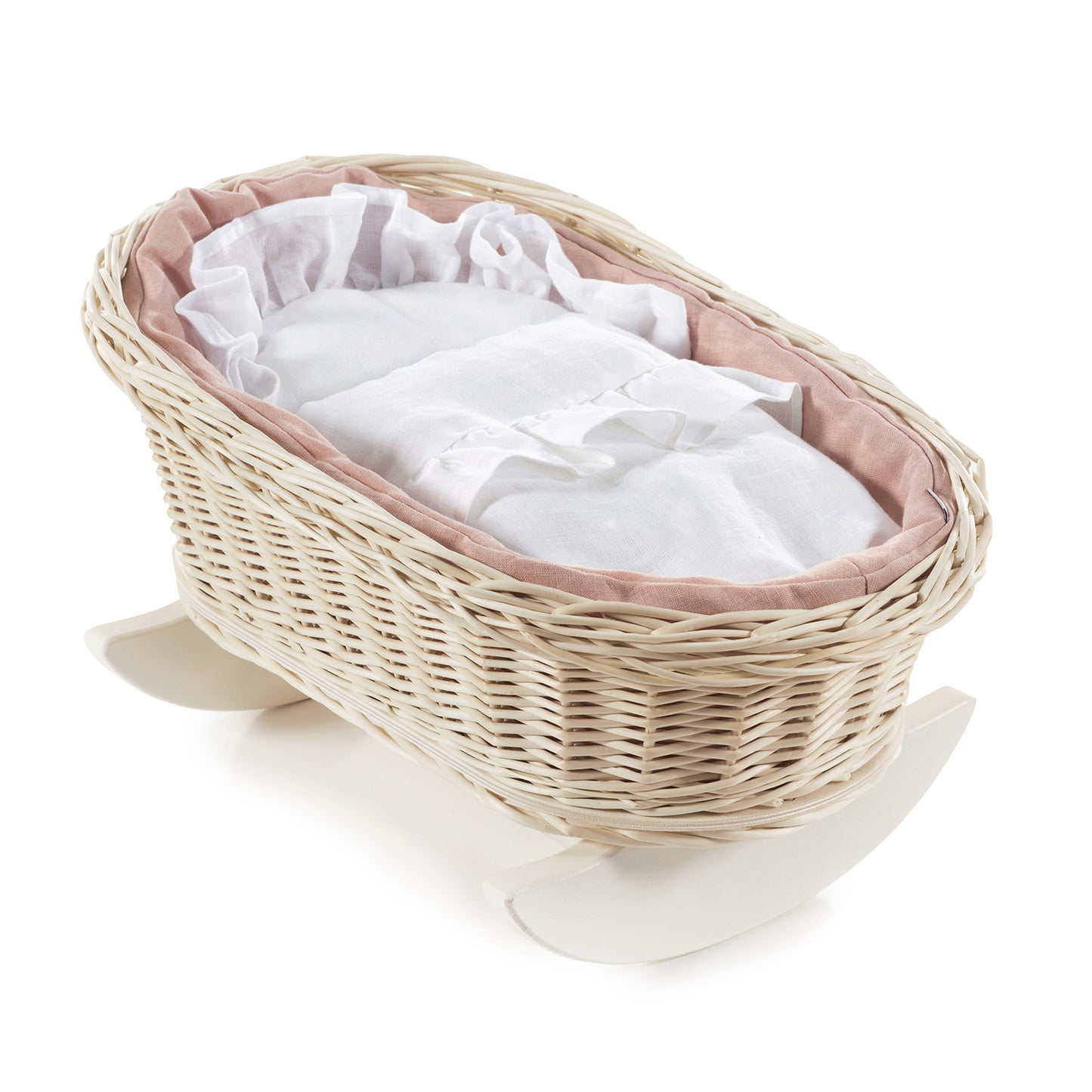 Mimi wiklinowa kołyska dla lalek z różowym obszyciem, z poduszką i kołderką TheWickerStories