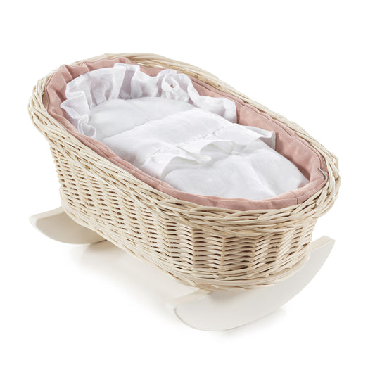 Mimi wiklinowa kołyska dla lalek z różowym obszyciem, z poduszką i kołderką TheWickerStories
