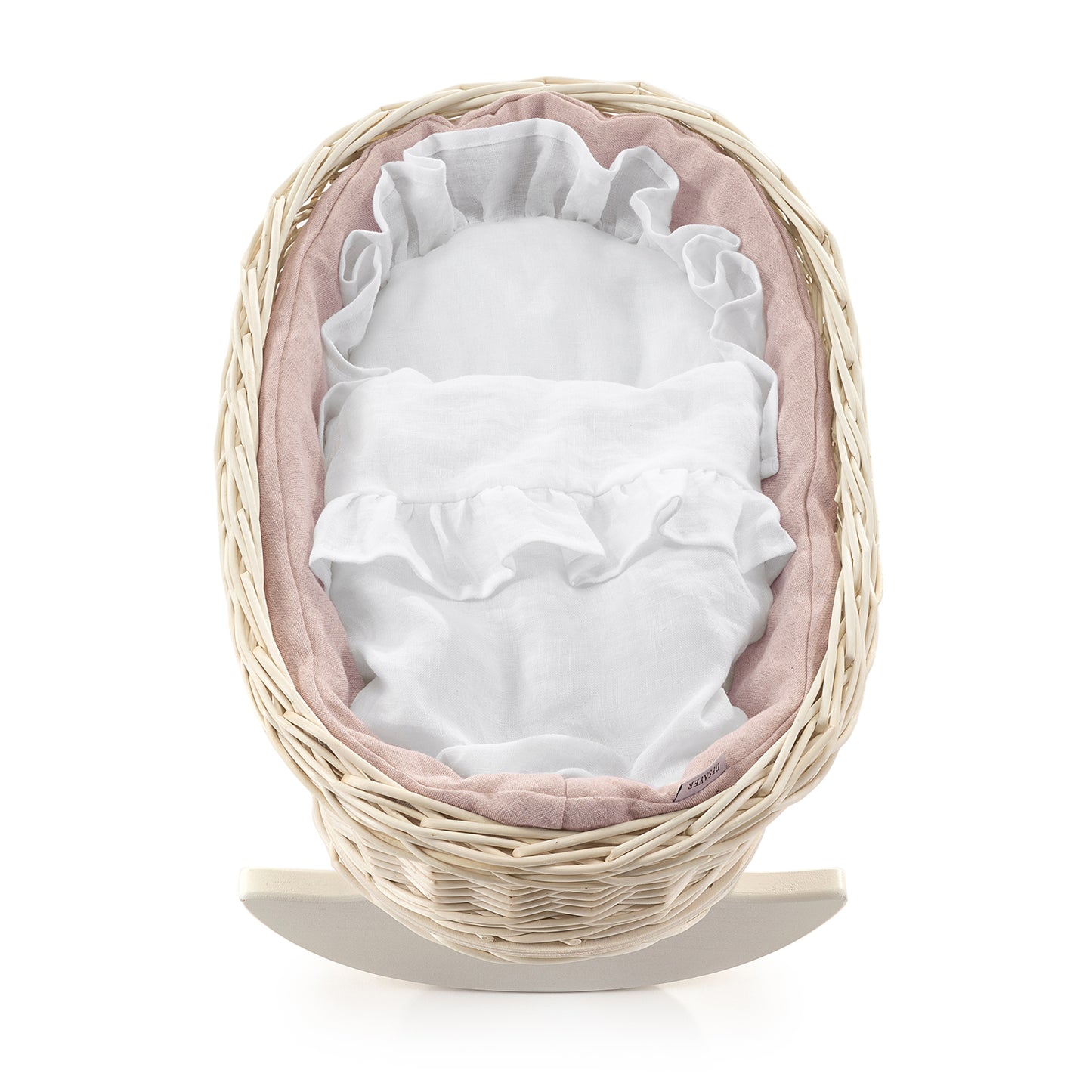 Mimi wiklinowa kołyska dla lalek z różowym obszyciem, z poduszką i kołderką TheWickerStories