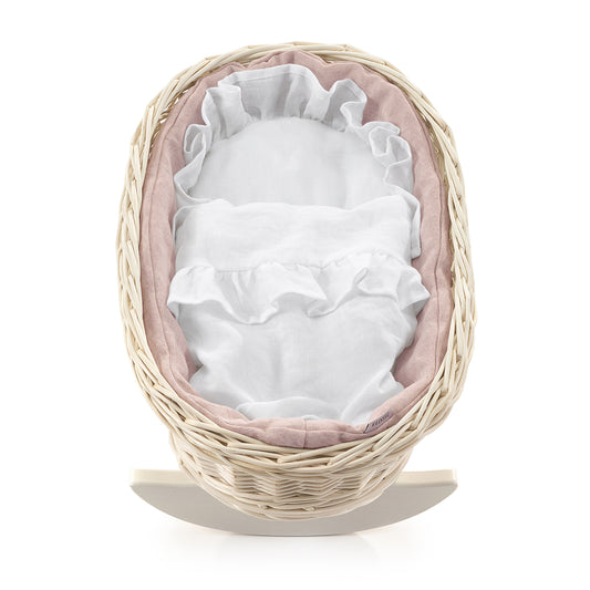 Mimi wiklinowa kołyska dla lalek z różowym obszyciem, z poduszką i kołderką TheWickerStories