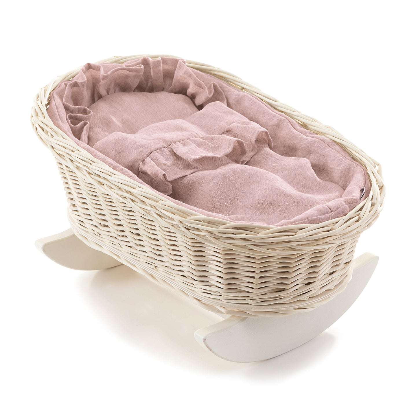 Mimi wiklinowy kosz-kołyska dla lalek z różowym obszyciem, z poduszką i kołderką TheWickerStories