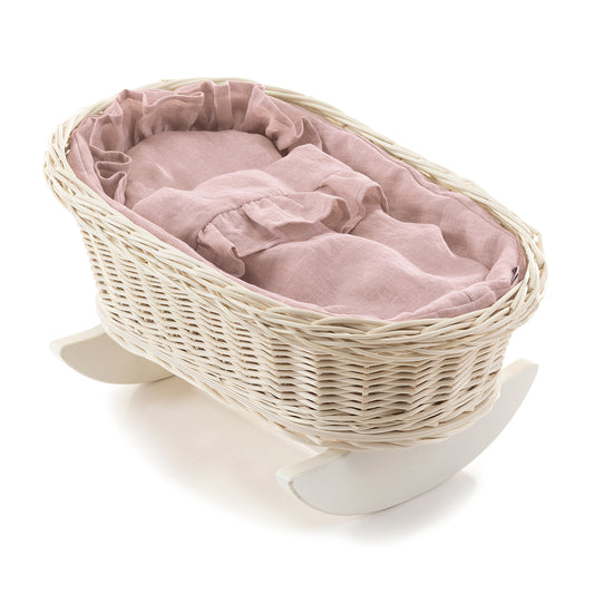 Mimi wiklinowy kosz-kołyska dla lalek z różowym obszyciem, z poduszką i kołderką TheWickerStories