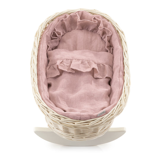Mimi wiklinowy kosz-kołyska dla lalek z różowym obszyciem, z poduszką i kołderką TheWickerStories