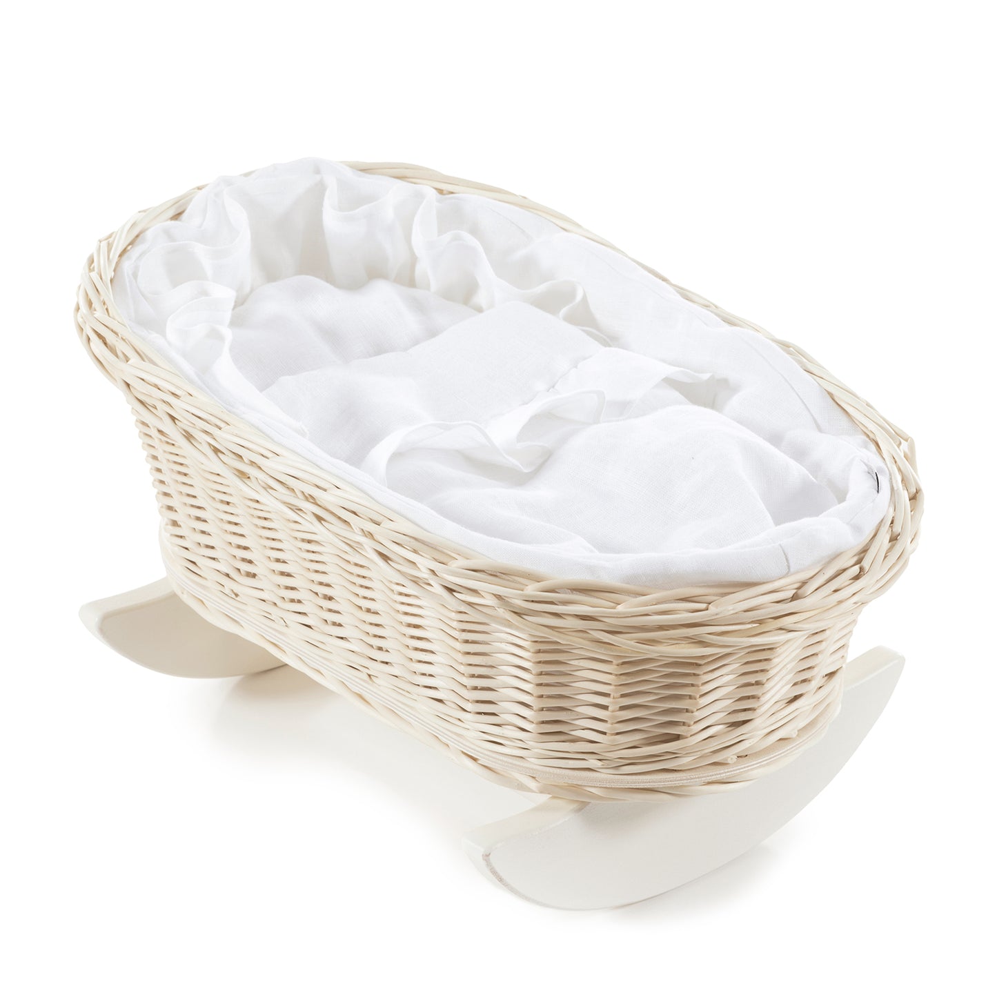 Mimi wiklinowa kołyska dla lalek z białym obszyciem, z poduszką i kołderką TheWickerStories