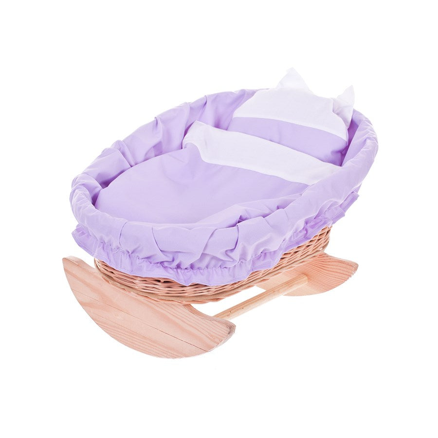 Mimi wiklinowa kołyska dla lalek z fioletowym obszyciem, poduszką i kołderką TheWickerStories