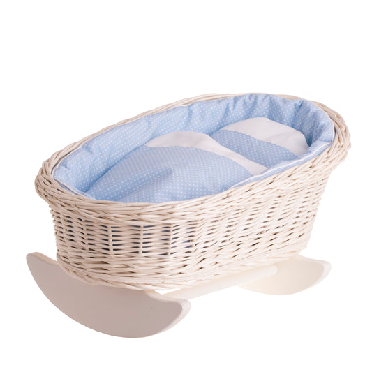 Mimi wiklinowa kołyska dla lalek z niebieskim obszyciem, poduszką i kołderką TheWickerStories