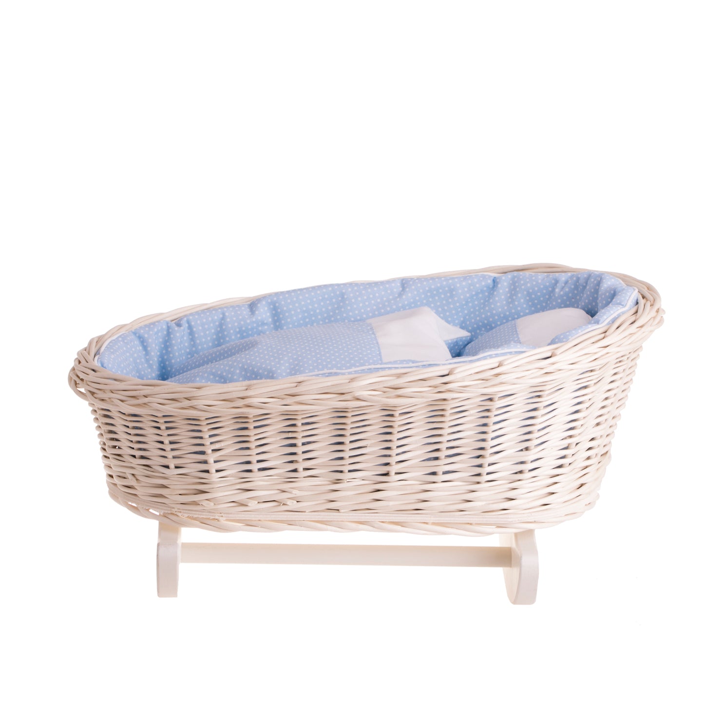 Mimi wiklinowa kołyska dla lalek z niebieskim obszyciem, poduszką i kołderką TheWickerStories
