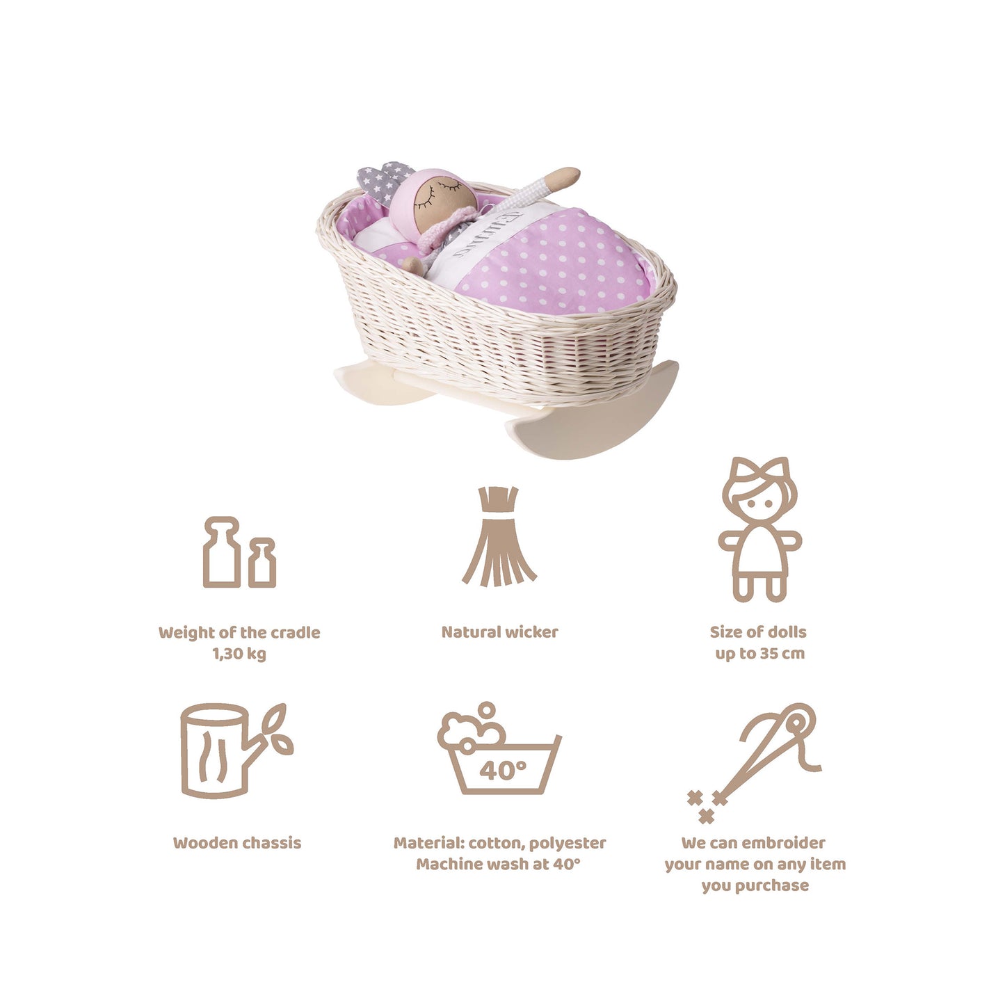 Mimi wiklinowa kołyska dla lalek z personalizacją, różowym obszyciem, poduszką i kołderką TheWickerStories