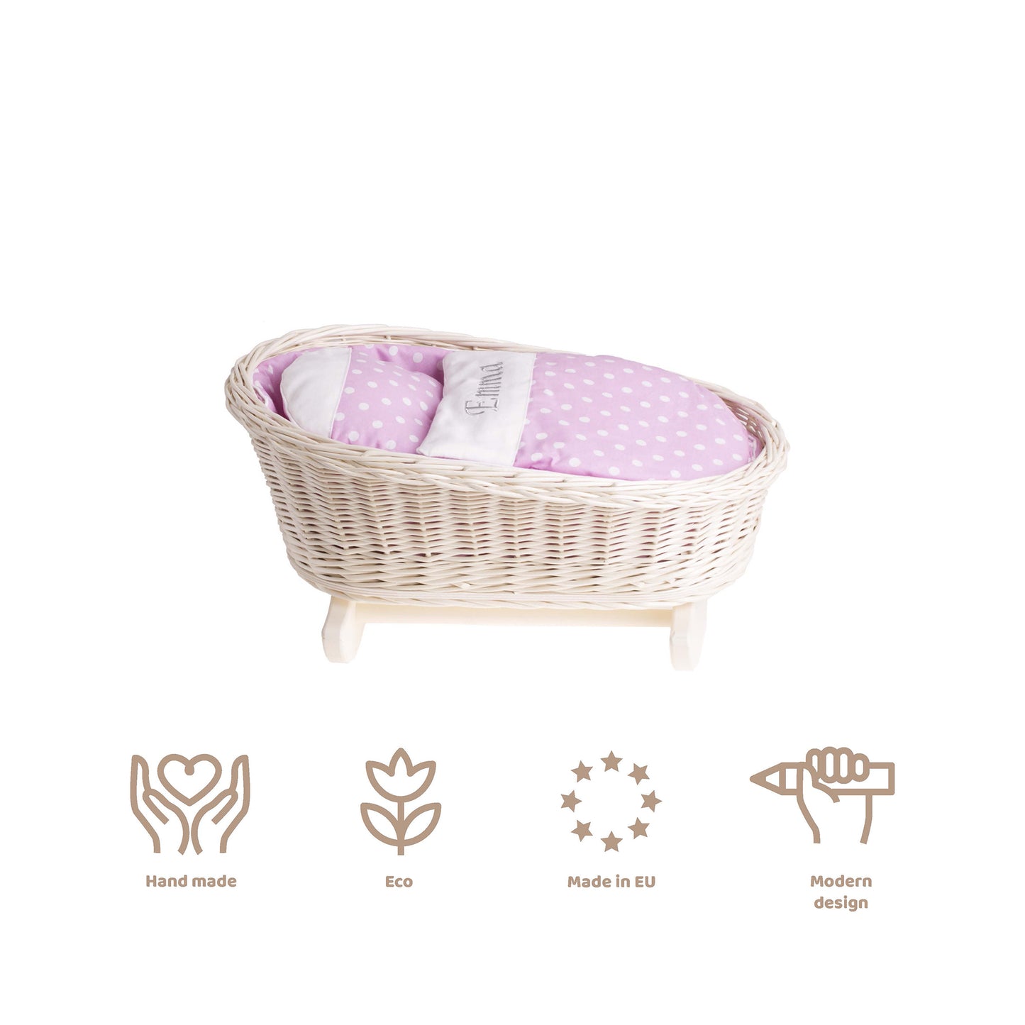 Mimi wiklinowa kołyska dla lalek z personalizacją, różowym obszyciem, poduszką i kołderką TheWickerStories