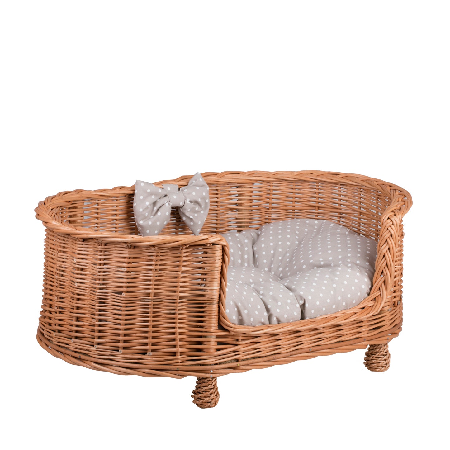 Esoria wiklinowe legowisko dla psa i kota z beżową poduszką, na nóżkach i z niskim wejściem TheWickerStories