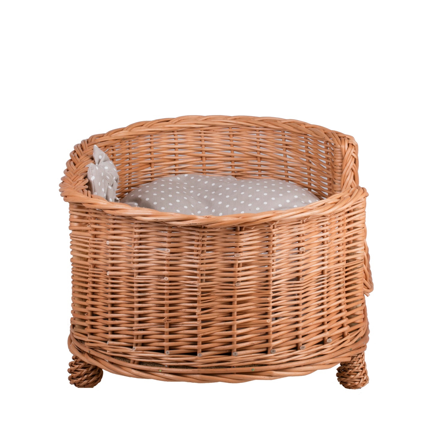 Esoria wiklinowe legowisko dla psa i kota z beżową poduszką, na nóżkach i z niskim wejściem TheWickerStories