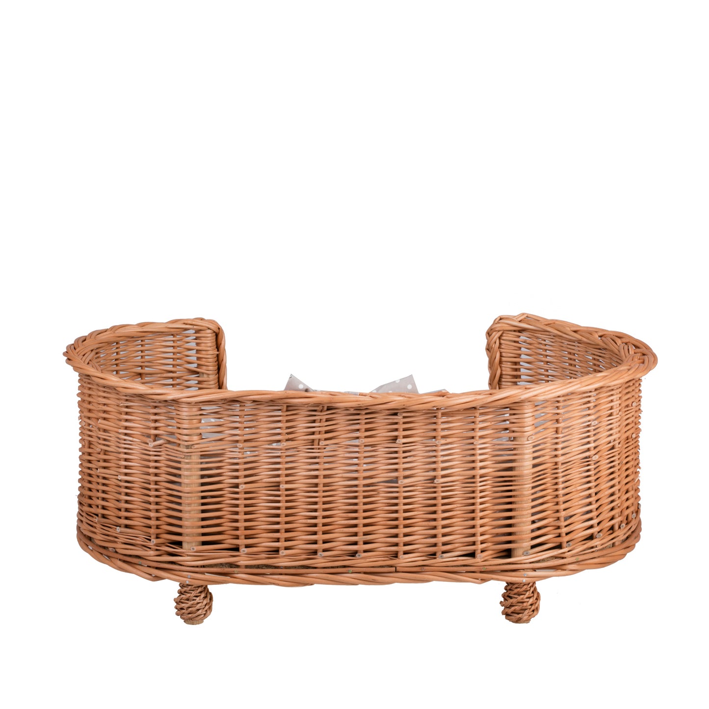 Esoria wiklinowe legowisko dla psa i kota z beżową poduszką, na nóżkach i z niskim wejściem TheWickerStories