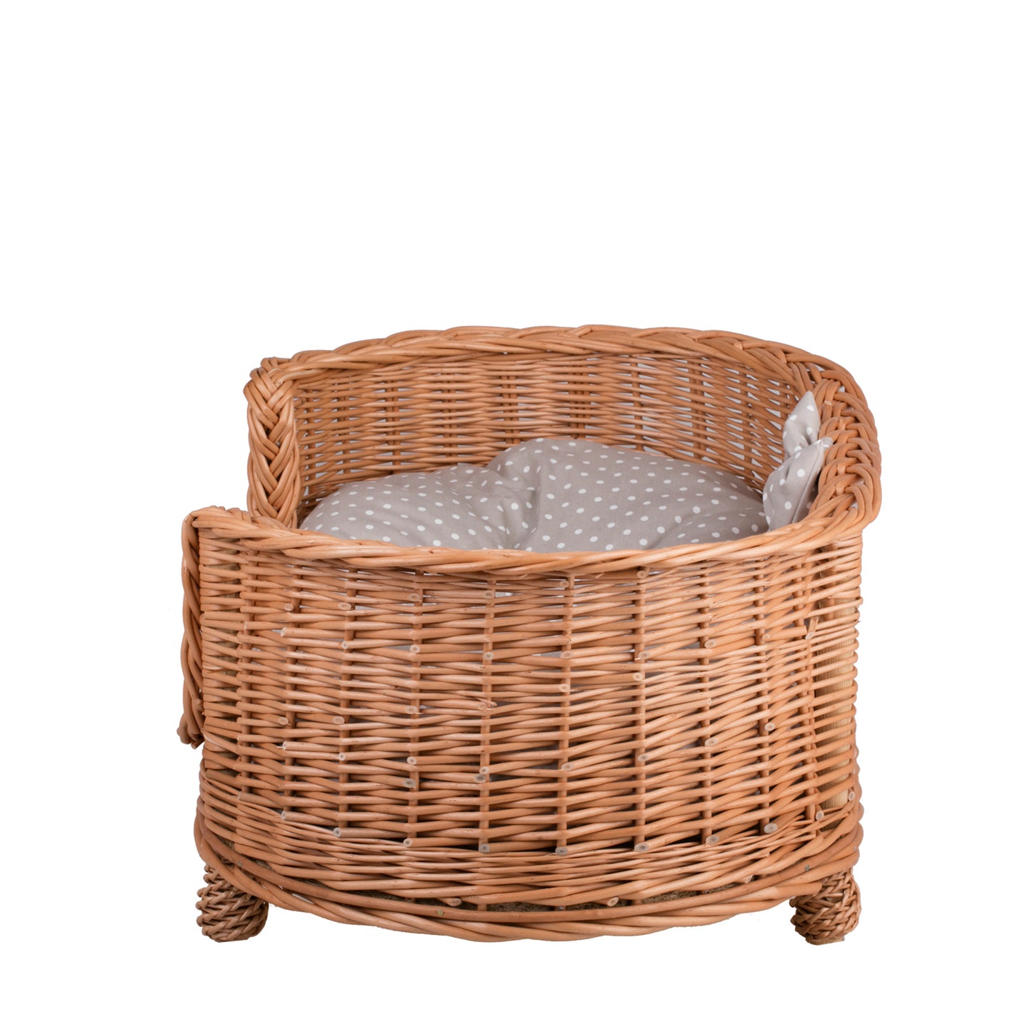 Esoria wiklinowe legowisko dla psa i kota z beżową poduszką, na nóżkach i z niskim wejściem TheWickerStories