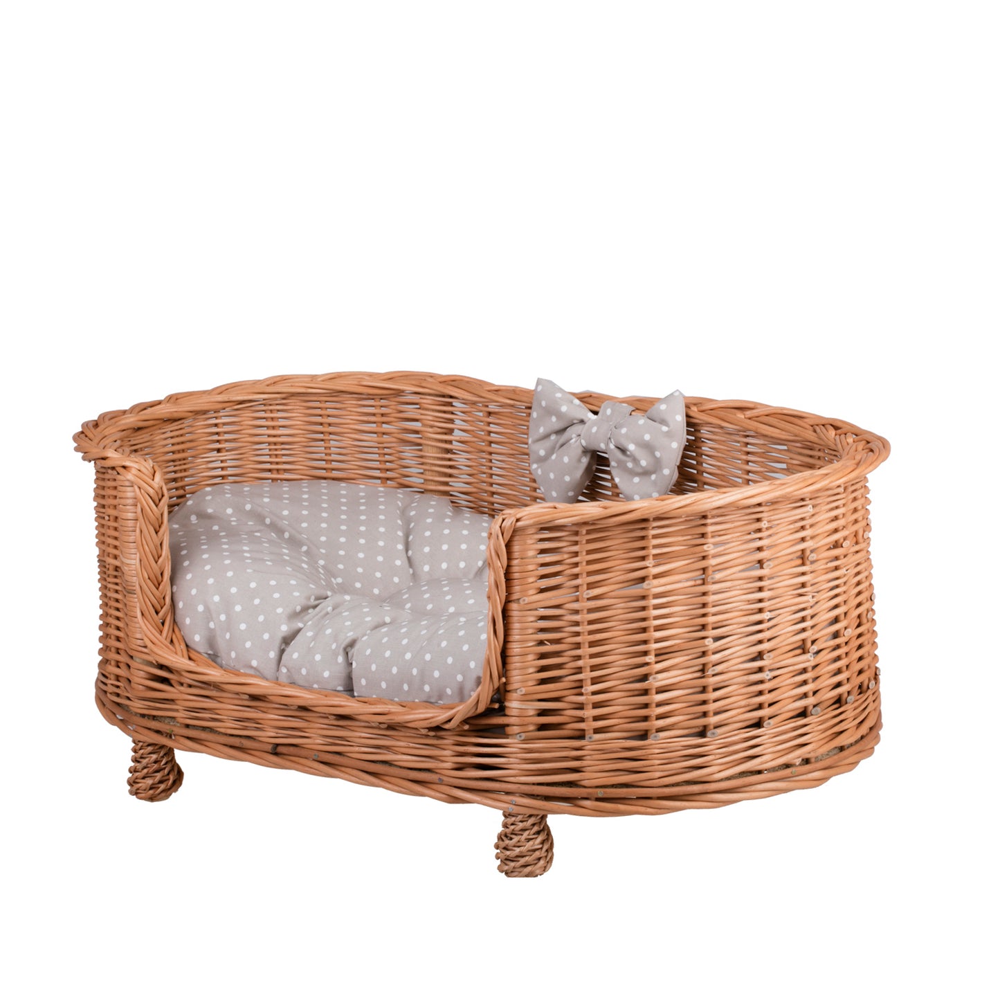 Esoria wiklinowe legowisko dla psa i kota z beżową poduszką, na nóżkach i z niskim wejściem TheWickerStories