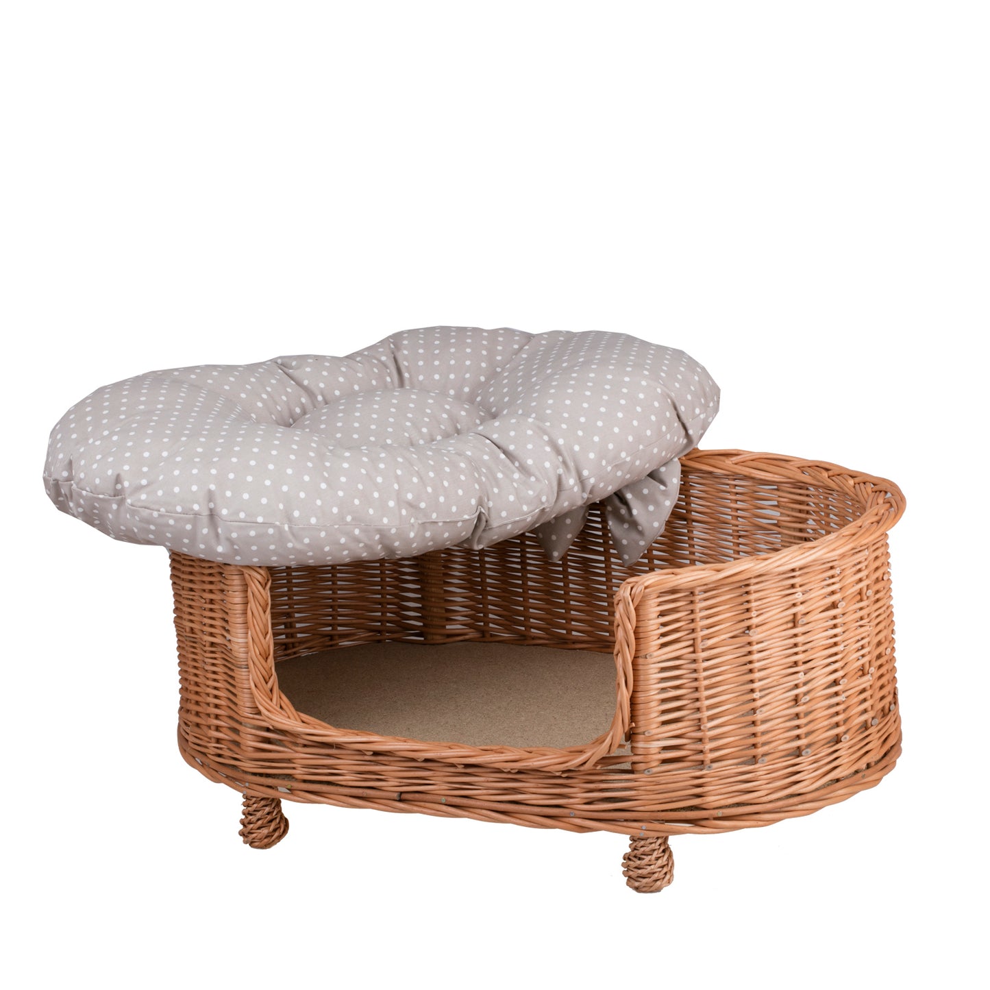 Esoria wiklinowe legowisko dla psa i kota z beżową poduszką, na nóżkach i z niskim wejściem TheWickerStories