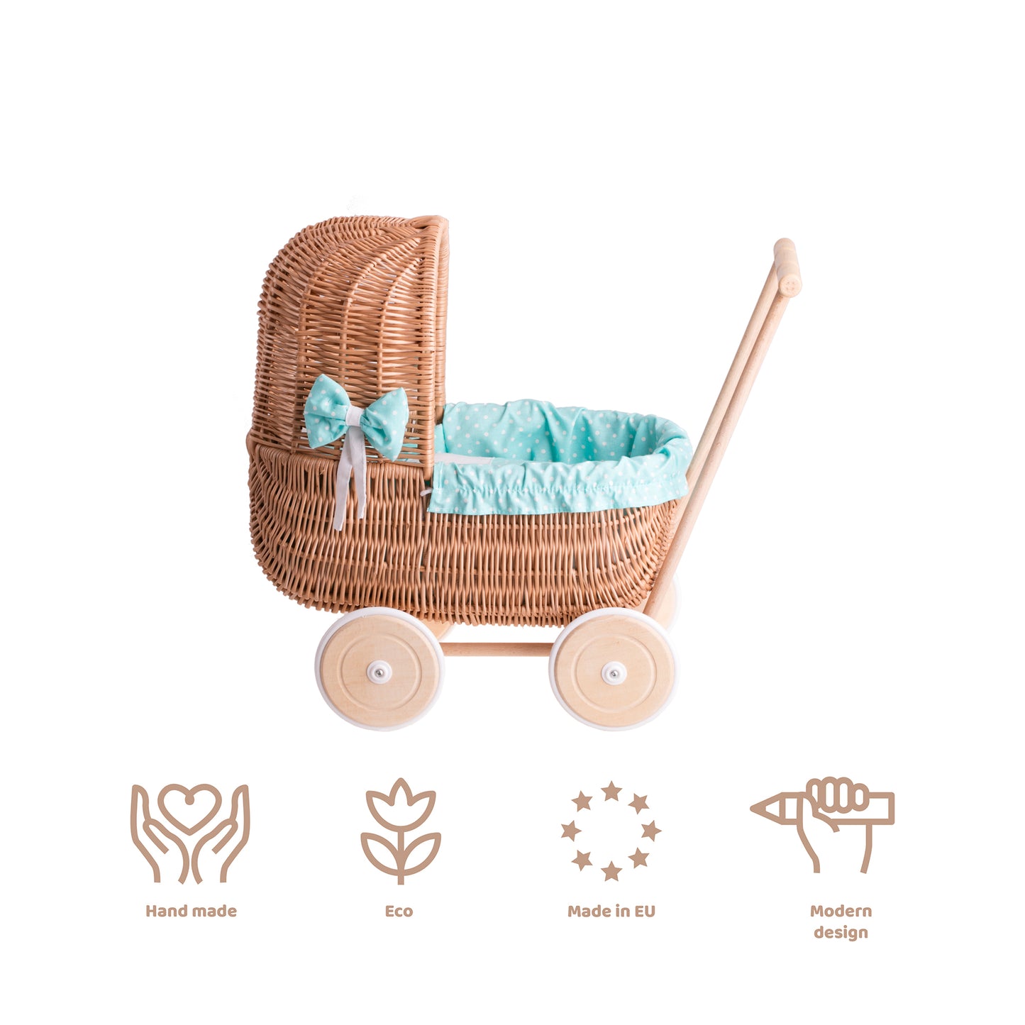 Lala wiklinowy wózek dla lalek z zielonym obszyciem, kołderką i poduszką TheWickerStories