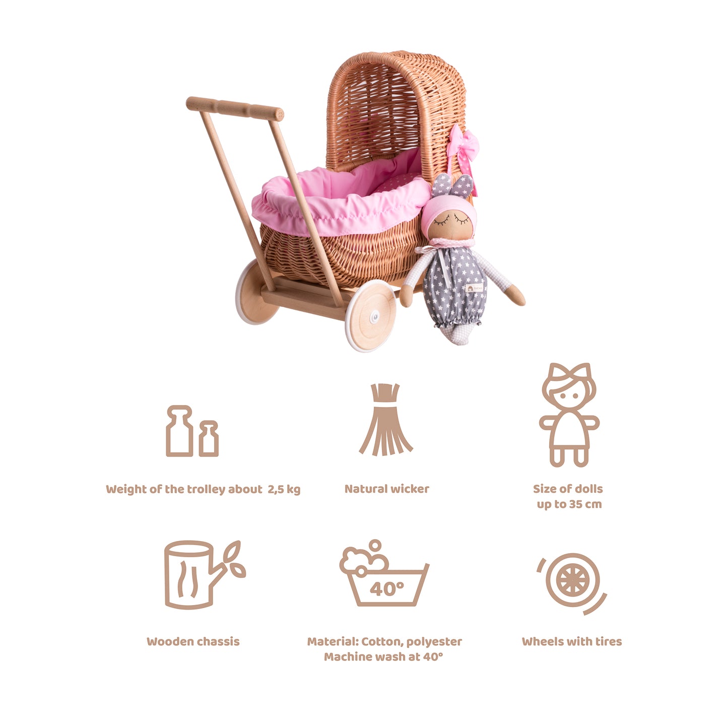 Lala wiklinowy wózek dla lalek z różowym obszyciem, kołderką i poduszką TheWickerStories