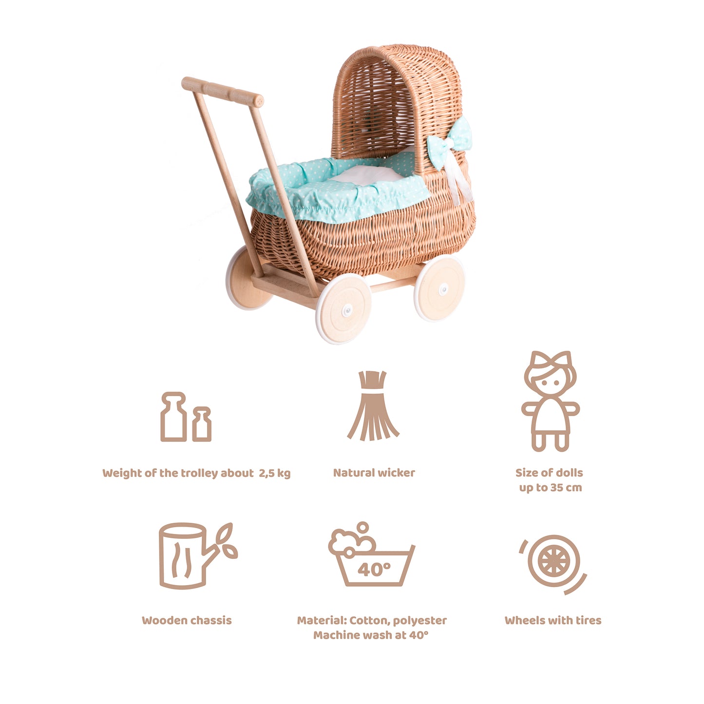 Lala wiklinowy wózek dla lalek z zielonym obszyciem, kołderką i poduszką TheWickerStories