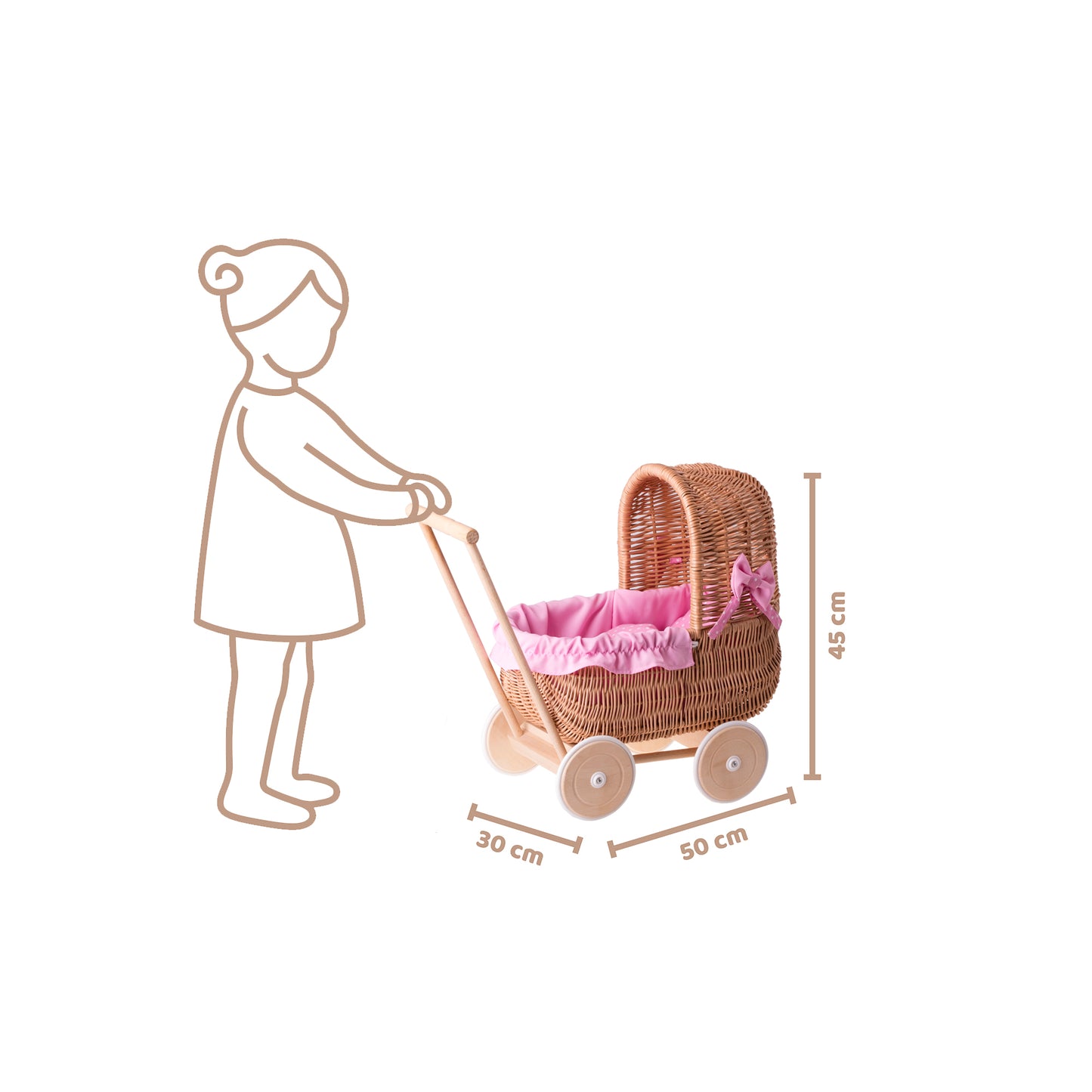 Lala wiklinowy wózek dla lalek z różowym obszyciem, kołderką i poduszką TheWickerStories