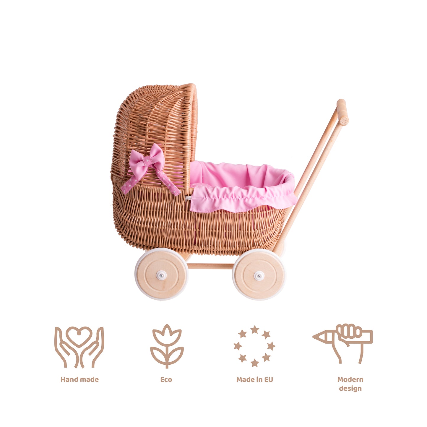Lala wiklinowy wózek dla lalek z różowym obszyciem, kołderką i poduszką TheWickerStories