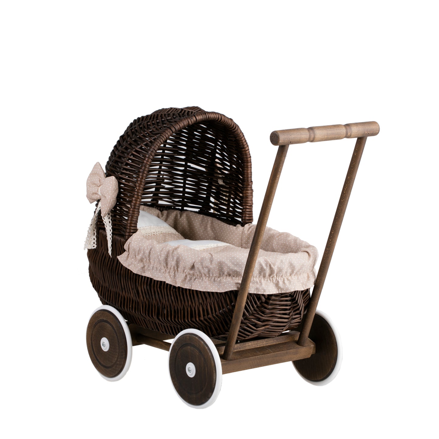 Lala wiklinowy wózek dla lalek z beżowym obszyciem, kołderką i poduszką TheWickerStories