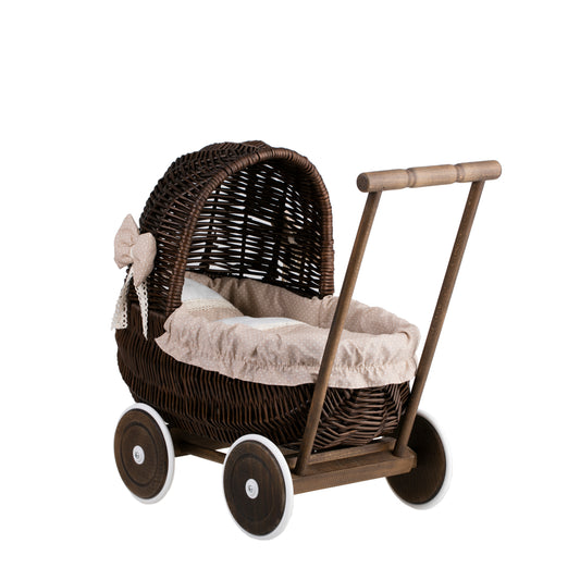 Lala wiklinowy wózek dla lalek z beżowym obszyciem, kołderką i poduszką TheWickerStories