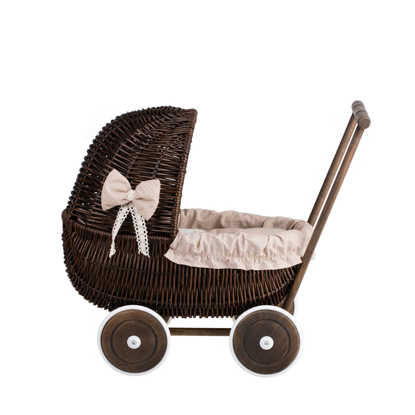 Lala wiklinowy wózek dla lalek z beżowym obszyciem, kołderką i poduszką TheWickerStories