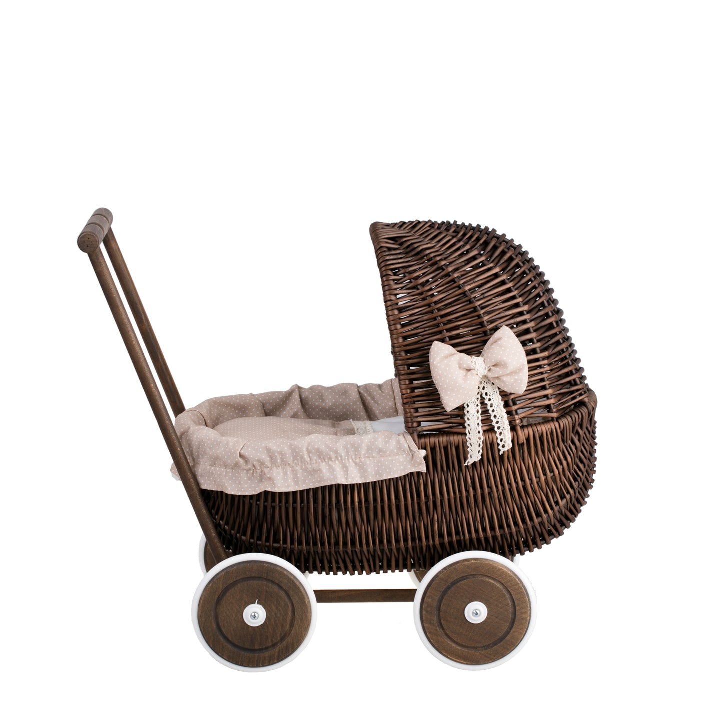 Lala wiklinowy wózek dla lalek z beżowym obszyciem, kołderką i poduszką TheWickerStories