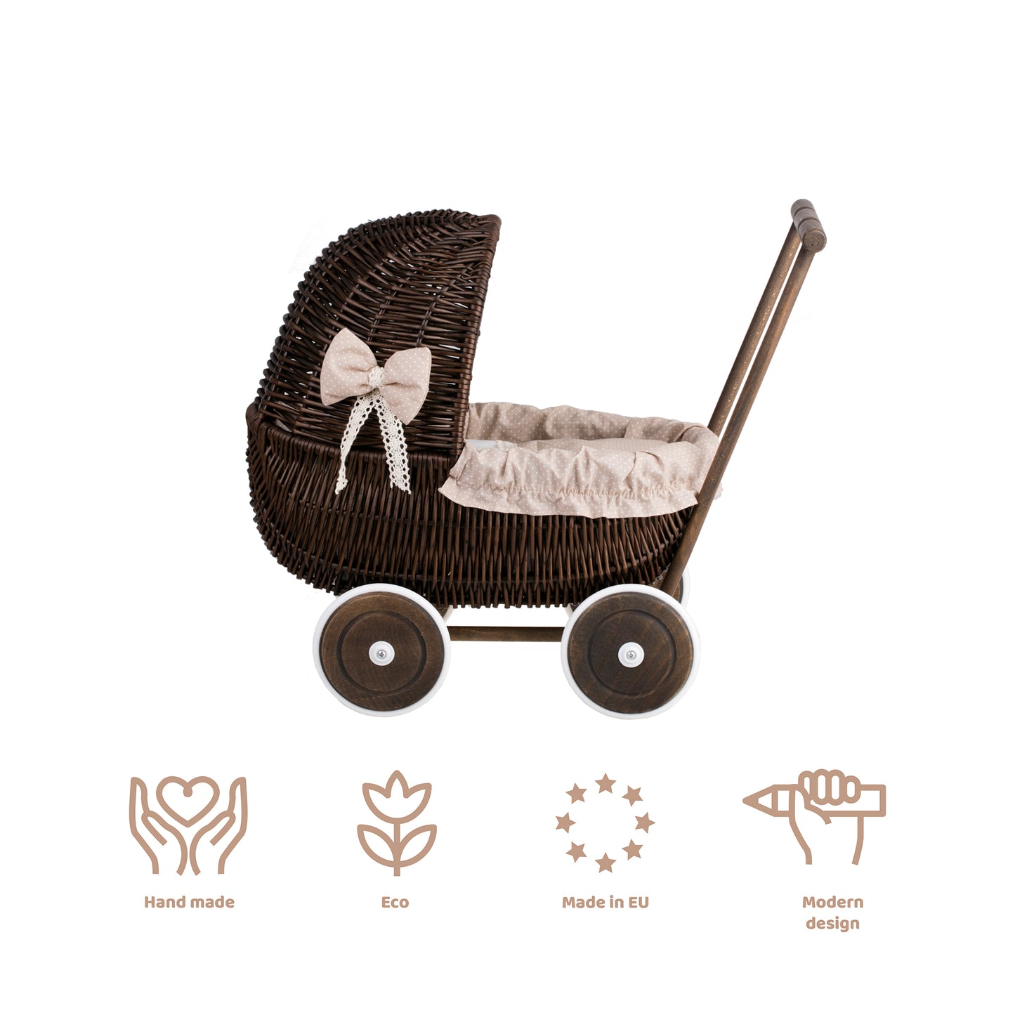 Lala wiklinowy wózek dla lalek z beżowym obszyciem, kołderką i poduszką TheWickerStories
