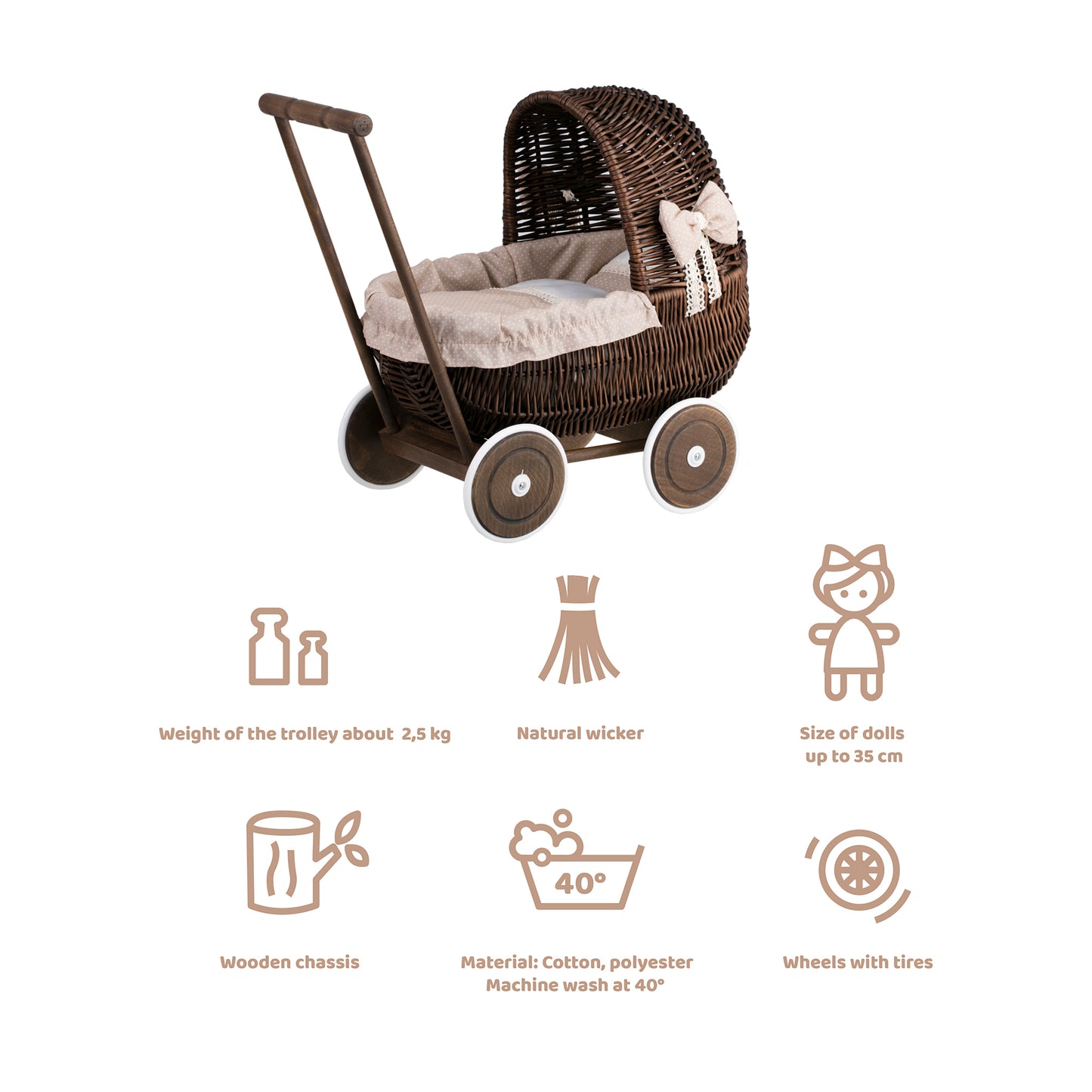 Lala wiklinowy wózek dla lalek z beżowym obszyciem, kołderką i poduszką TheWickerStories