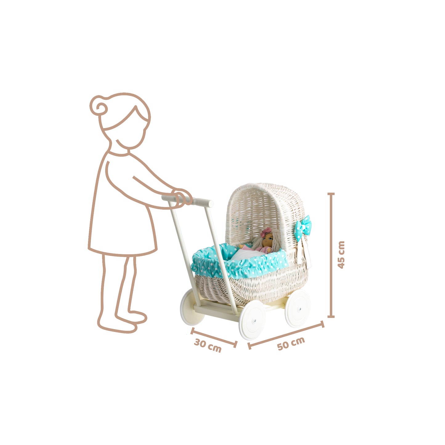 Lala wiklinowy wózek dla lalek z zielonym obszyciem, kołderką i poduszką TheWickerStories