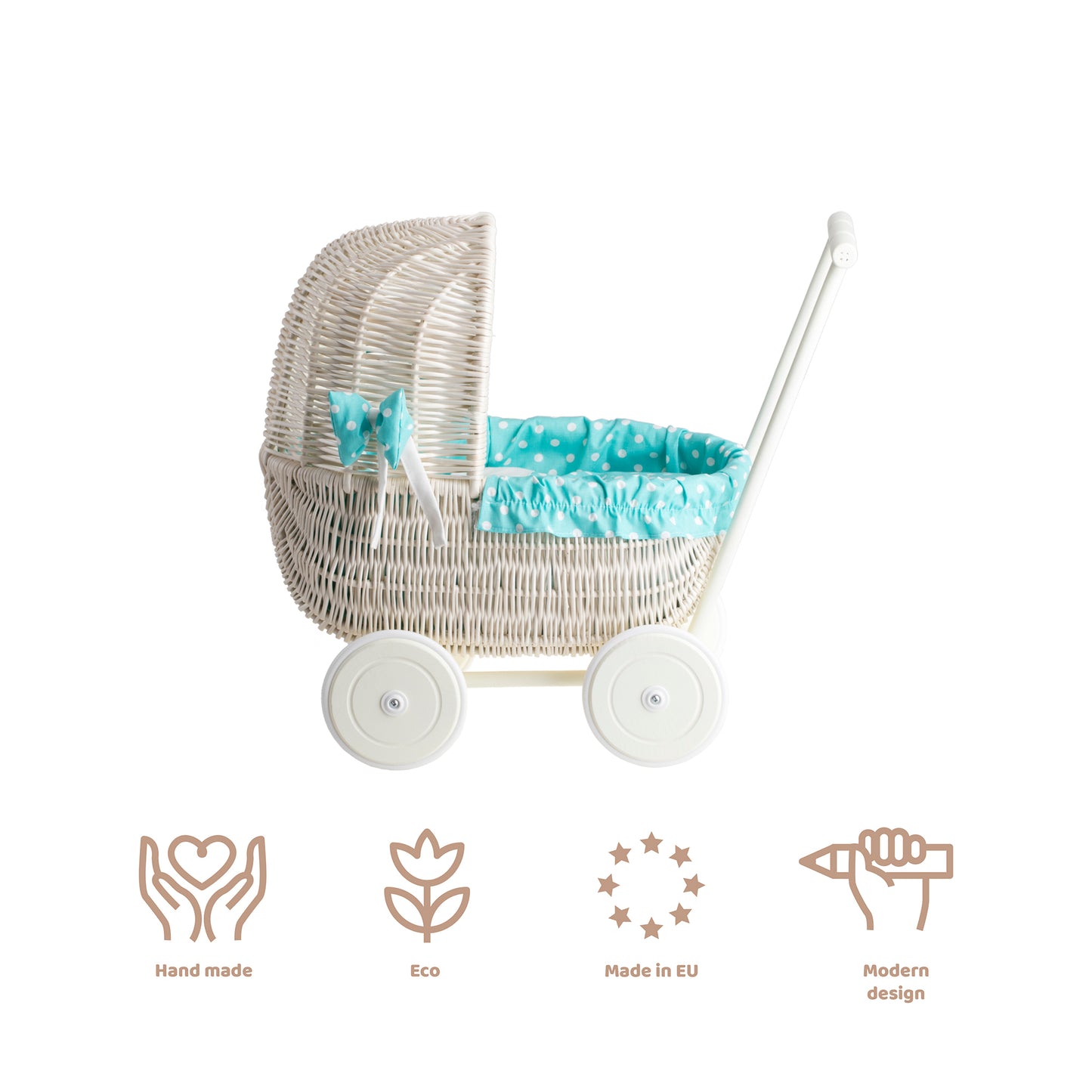 Lala wiklinowy wózek dla lalek z zielonym obszyciem, kołderką i poduszką TheWickerStories