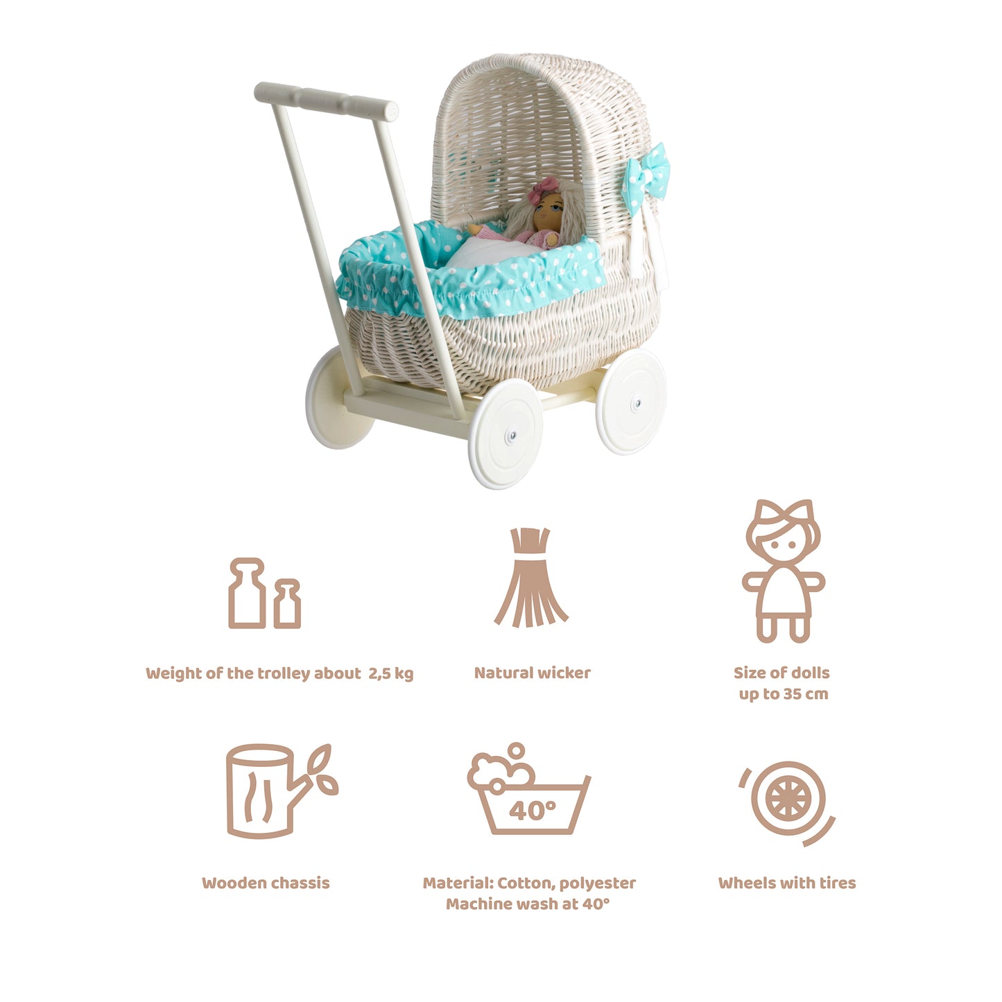 Lala wiklinowy wózek dla lalek z zielonym obszyciem, kołderką i poduszką TheWickerStories