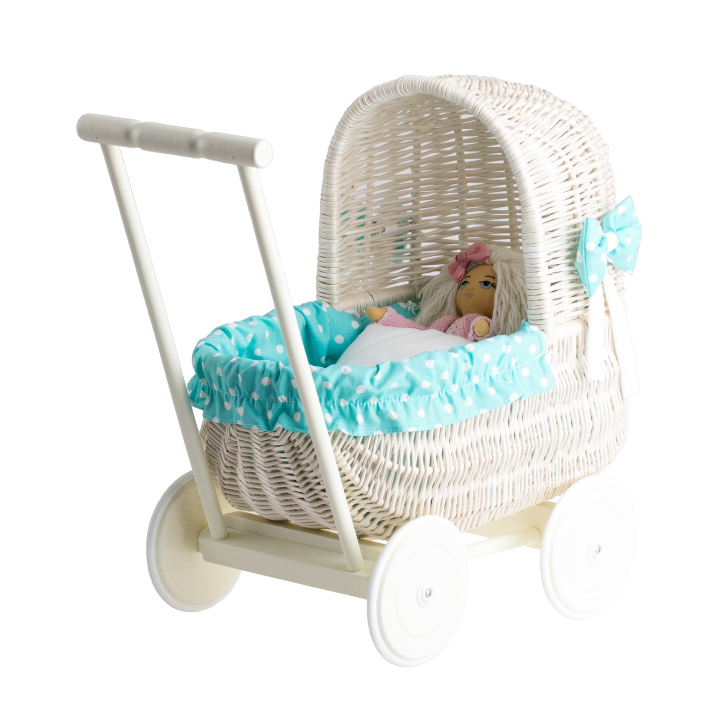 Lala wiklinowy wózek dla lalek z zielonym obszyciem, kołderką i poduszką TheWickerStories
